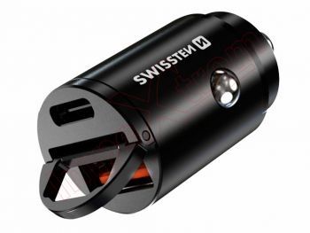 Cargador de coche negro Swissten con salida USB y USB tipo C + super carga 3.0 de 30 W, en blister